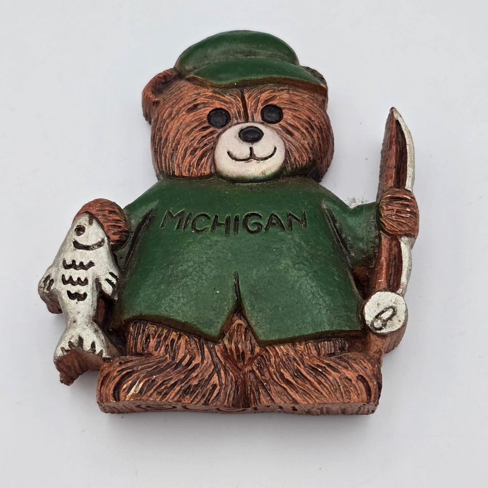 Vintage Michigan Fishing Bear Refrigerator Magnet Green Jacket Souvenir Outdoors